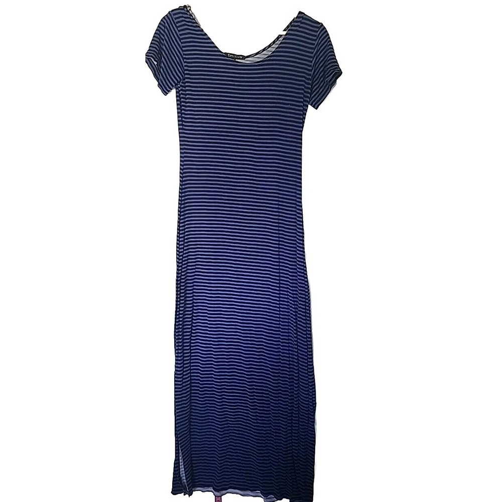 Zen Knits Blue‎ Black Stripe Maxi Tee Shirt Dress Scoop Neck Size XS
